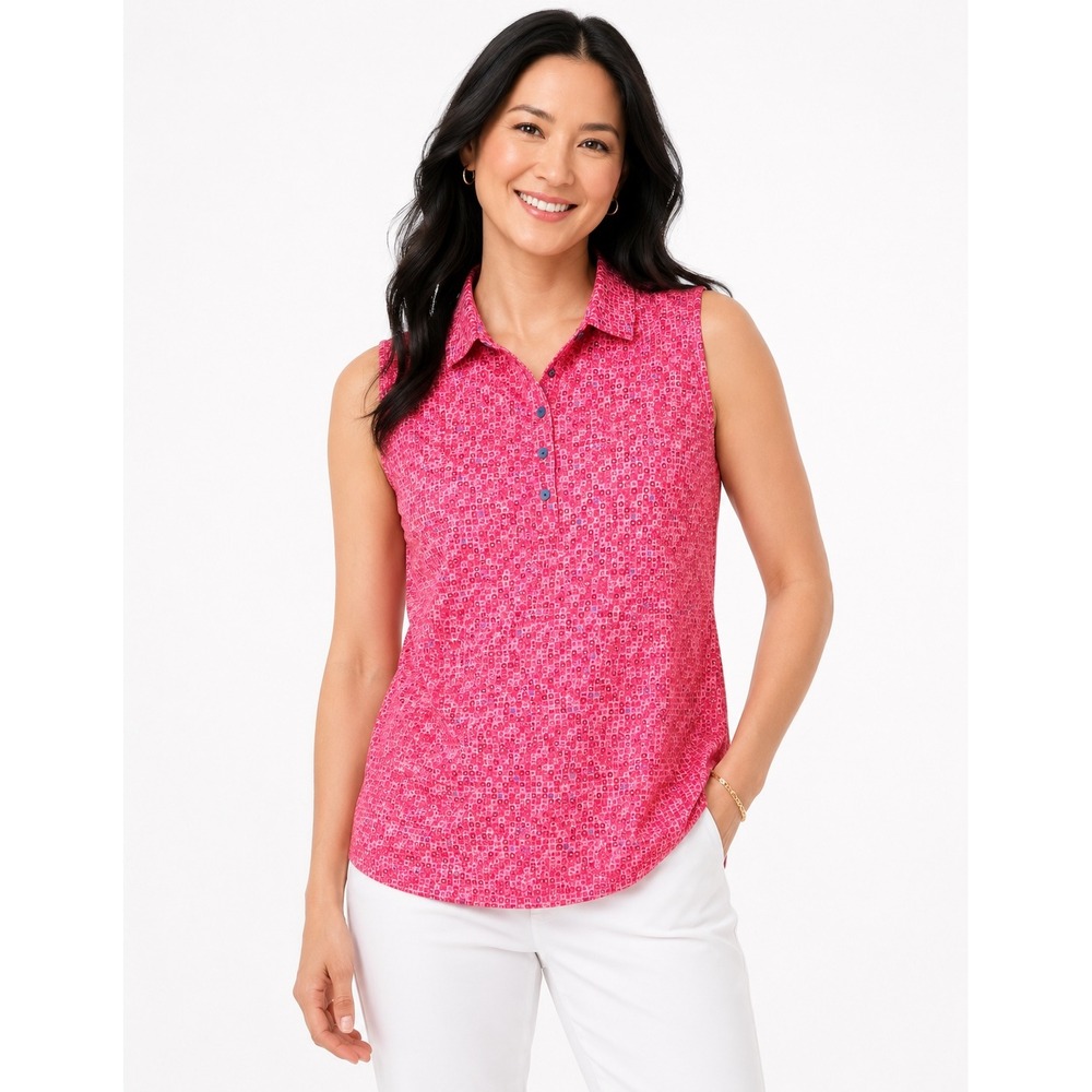 Peter Millar Womens Sleeveless Golf Polo Pink Geometric Spade Print UPF 50+ L
